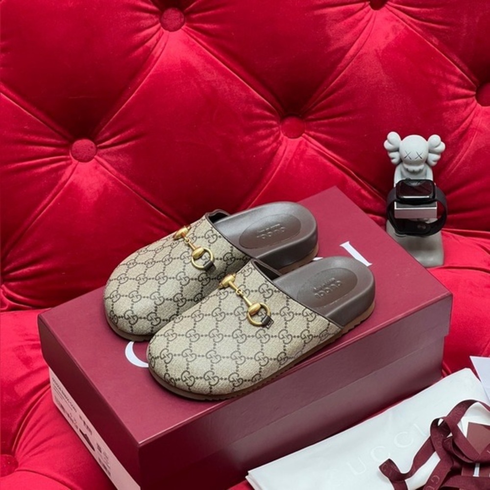 Gucci Beige and Brown Signature Mules